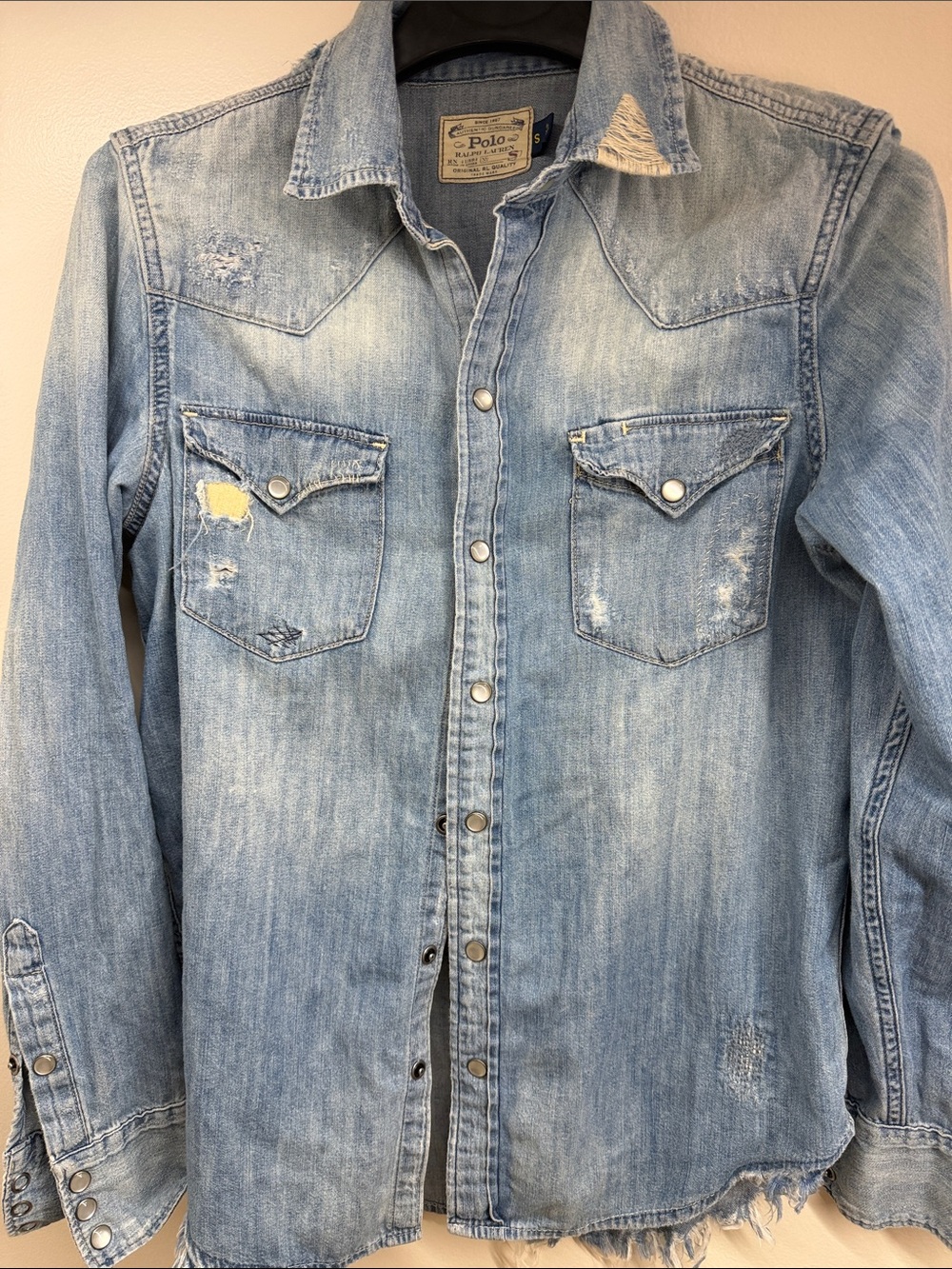 Polo by Ralph Lauren Light Blue Distressed Denim Western Shirt